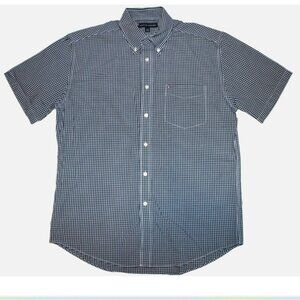 Men's L Tommy Hilfiger Black White Check Shirt Large Button Front Short Sleeve